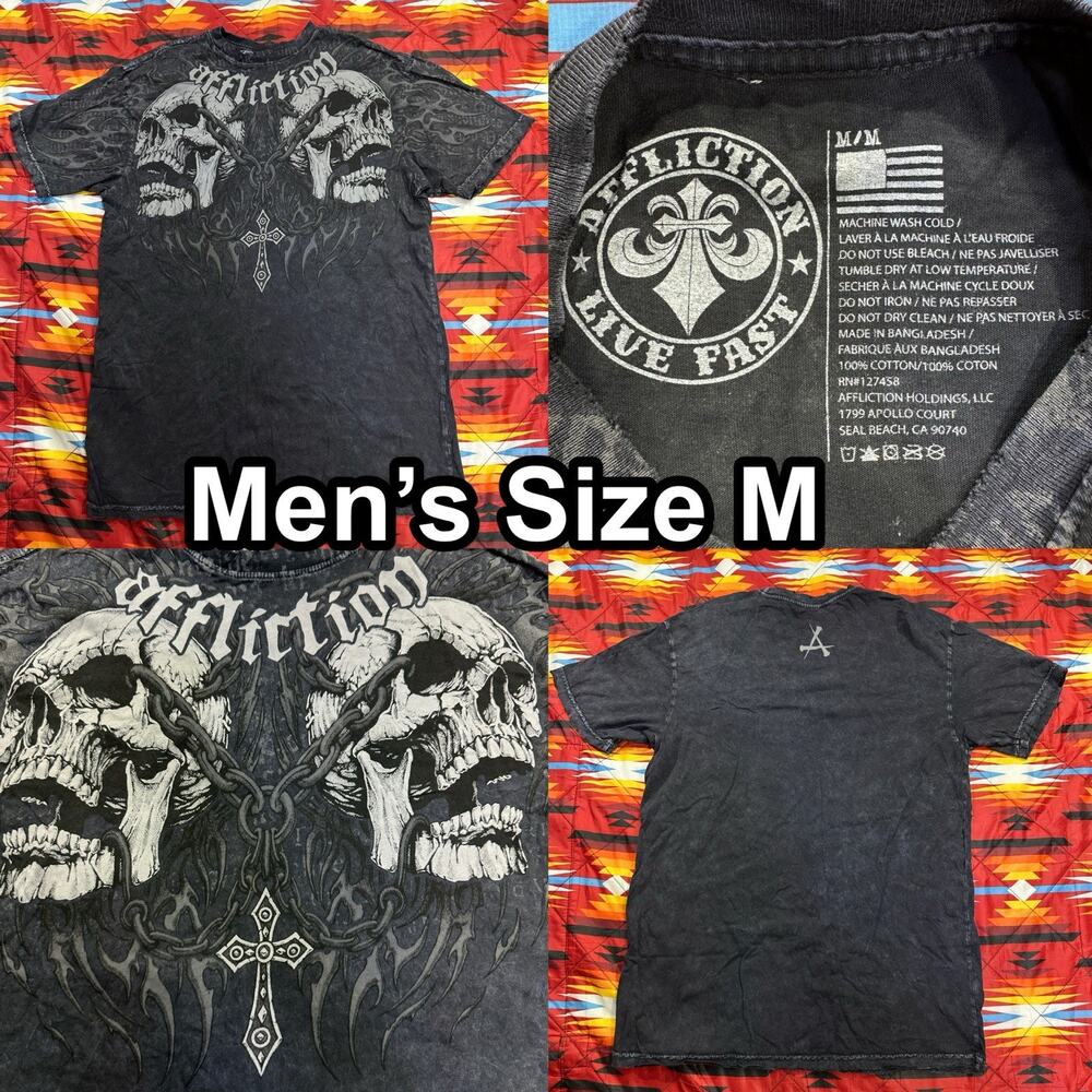 Y2K Vintage Affliction Live Fast Skulls Gray T-Shirt Men’s Size Medium